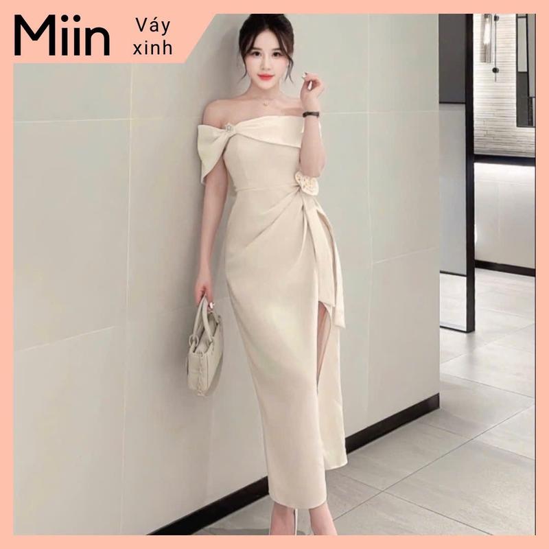 Váy trễ vai xẻ đùi hoa eo