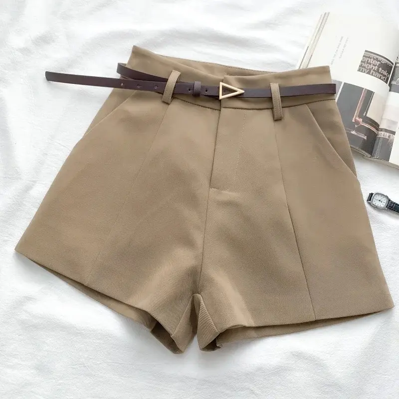 Casual Women's Shorts A-line High Waist Short Chic Office Lady Shorts With Belted Vintage Female Trousers Spring Summer Fabric Fit Womenswear Pants 3