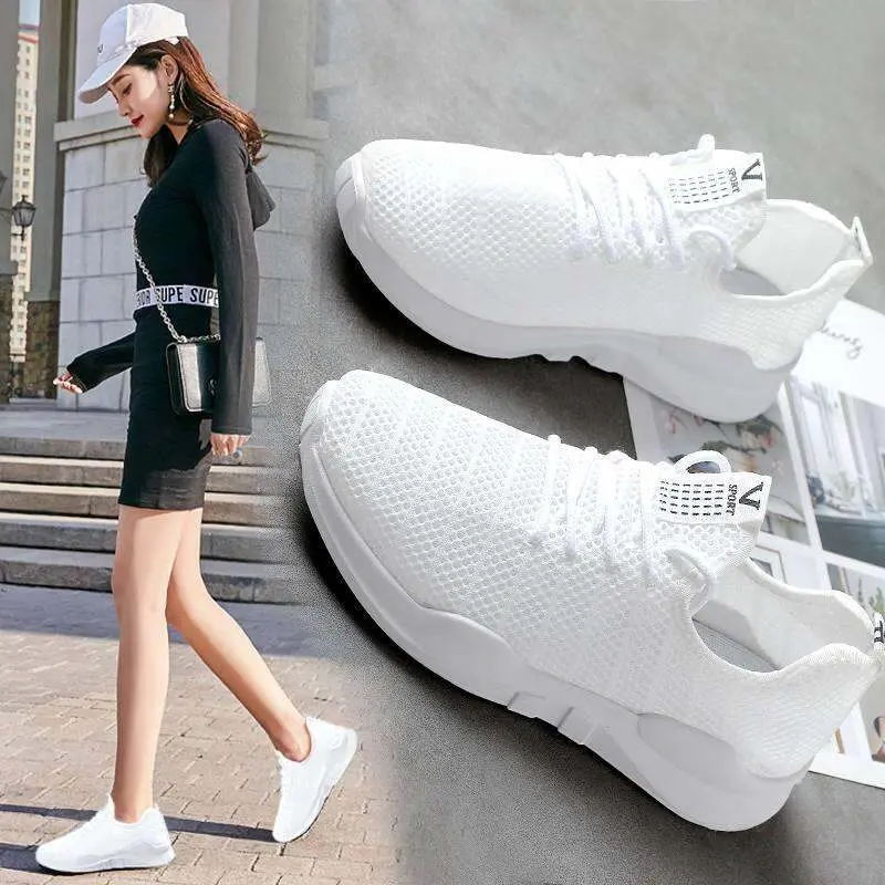Women running shoes comfortable breathable rubber outsole flat shoes sneakers White