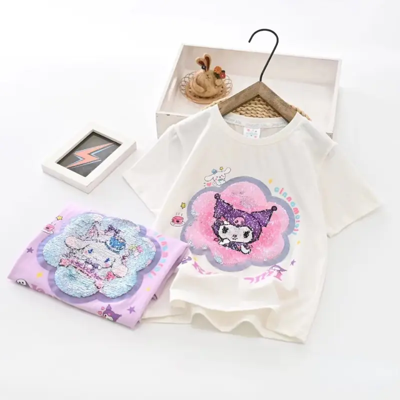 Áo Thun Bé Gái, Bộ Sưu Tập Mùa Hè 2023, Thiết Kế Hoạt Hình Kuromi, Hình Sequins Lật, Áo Cotton Thoải Mái, Thích Hợp Cho Quần Áo Trẻ Em