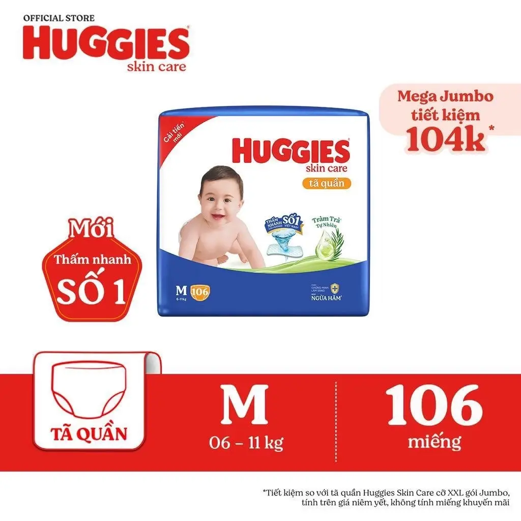 [Live] Tã Quần Huggies Skin Care Mega Jumbo M106/L96+8/XL84+4/XXL76+4 - Dành Cho Bé