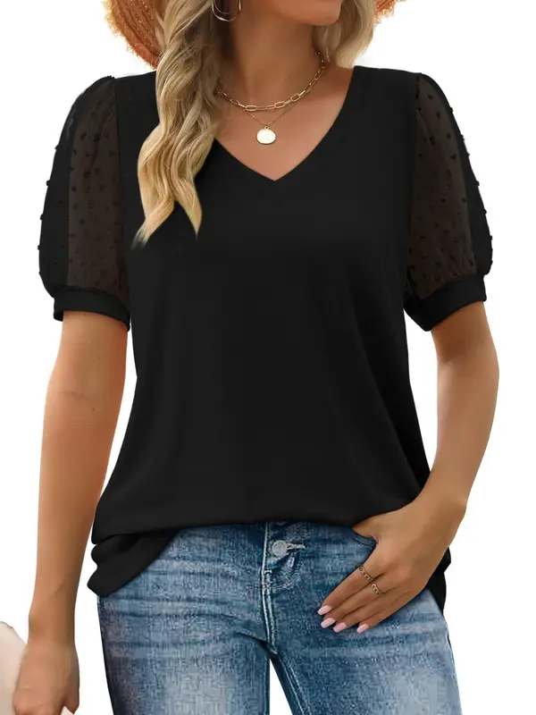 【Plus Size】Plain V Neck Tee, Casual Basic Short Sleeve T-shirt for Summer, Women's Plus Clothing for Daily Wear, Top, Tshirt, Womenswear, Lady Top 3