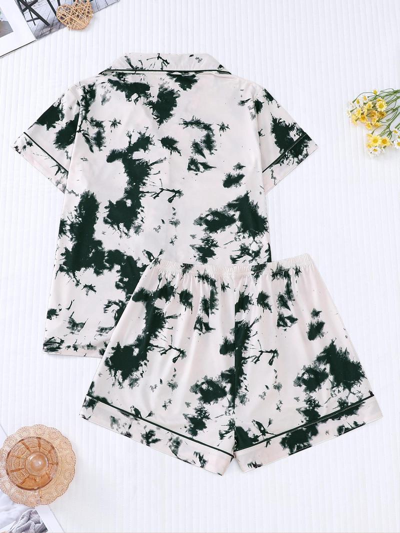 Product Introduction of Women's Tie Dye Print Lapel Shirt & Elastic Waist Shorts Pyjama Set, Casual Button Front Short Sleeve Top & Shorts, Pajamas, Ladies Summer Sleepwear 17