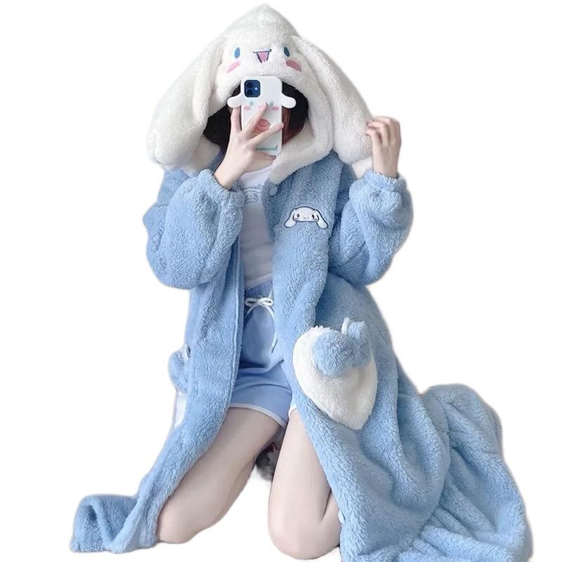 QCCC Áo choàng thỏ trắng Váy ngủ bông lông dày hình thú có túi mềm ấm mùa đông áo khoác lót lông có thể giặt máy áo khoác & áo choàng Nữ Dress
