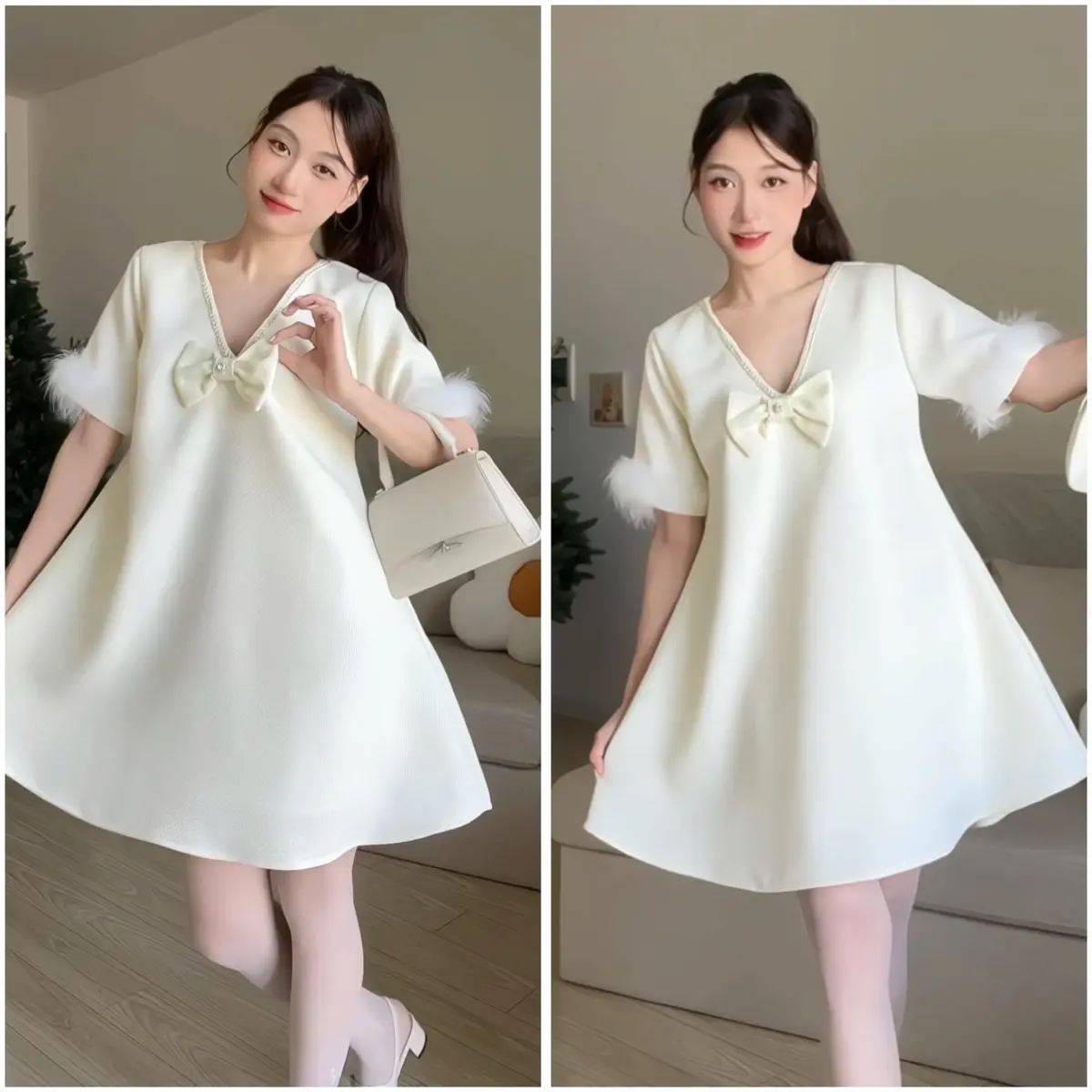[FREESIZE] LiLy- Đầm babydoll dạ tweed mịn mặc hàng ngày cổ V Dress Nữ Women