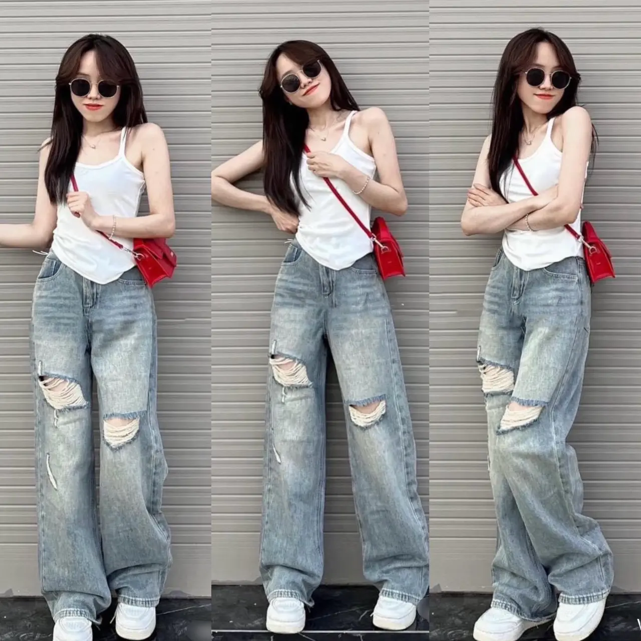 Quần jean ống suông màu nhạt rách gối 102cm Pants