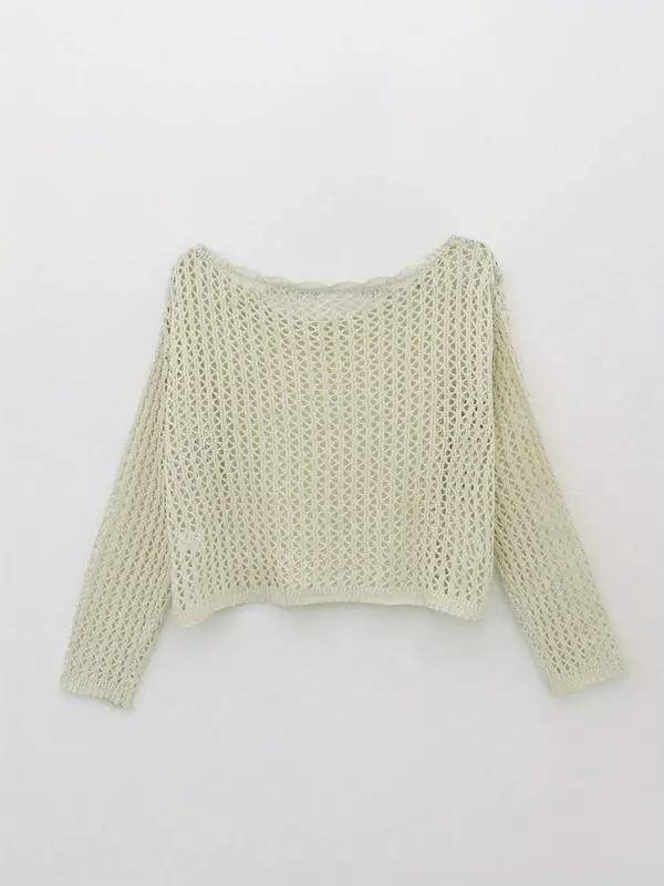Women's Plain Hollow Out Scallop Trim Drop Shoulder Sweater, Casual Long Sleeve Boat Neck Jumper for Spring & Fall, Fashion Women's Knitwear for Daily Wear 1