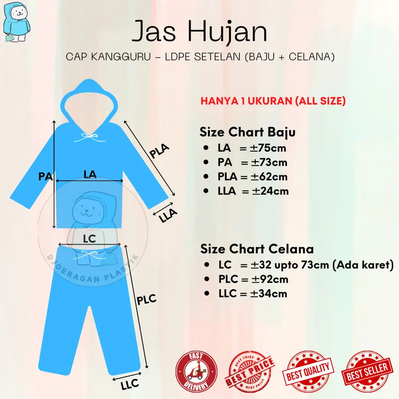 [1Lusin = 12Pcs] Jas Hujan LDPE Setelan Baju + Celana Cap Kangguru | Mantol | Mantel | Raincoat | Rain Cover | Bambu | Joji | Merah Putih | Rajawali | Hugo | Rainwalk | 99 | HCS 2