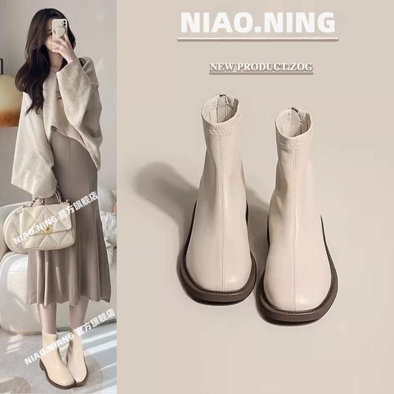 Bốt Martin Đế Bằng Ngắn Cho Nữ, Bốt Chelsea Gầy, Phong Cách Anh, Mũi Vuông, Màu Trắng, Xuân Thu, Mới Boot Shoes GiàY