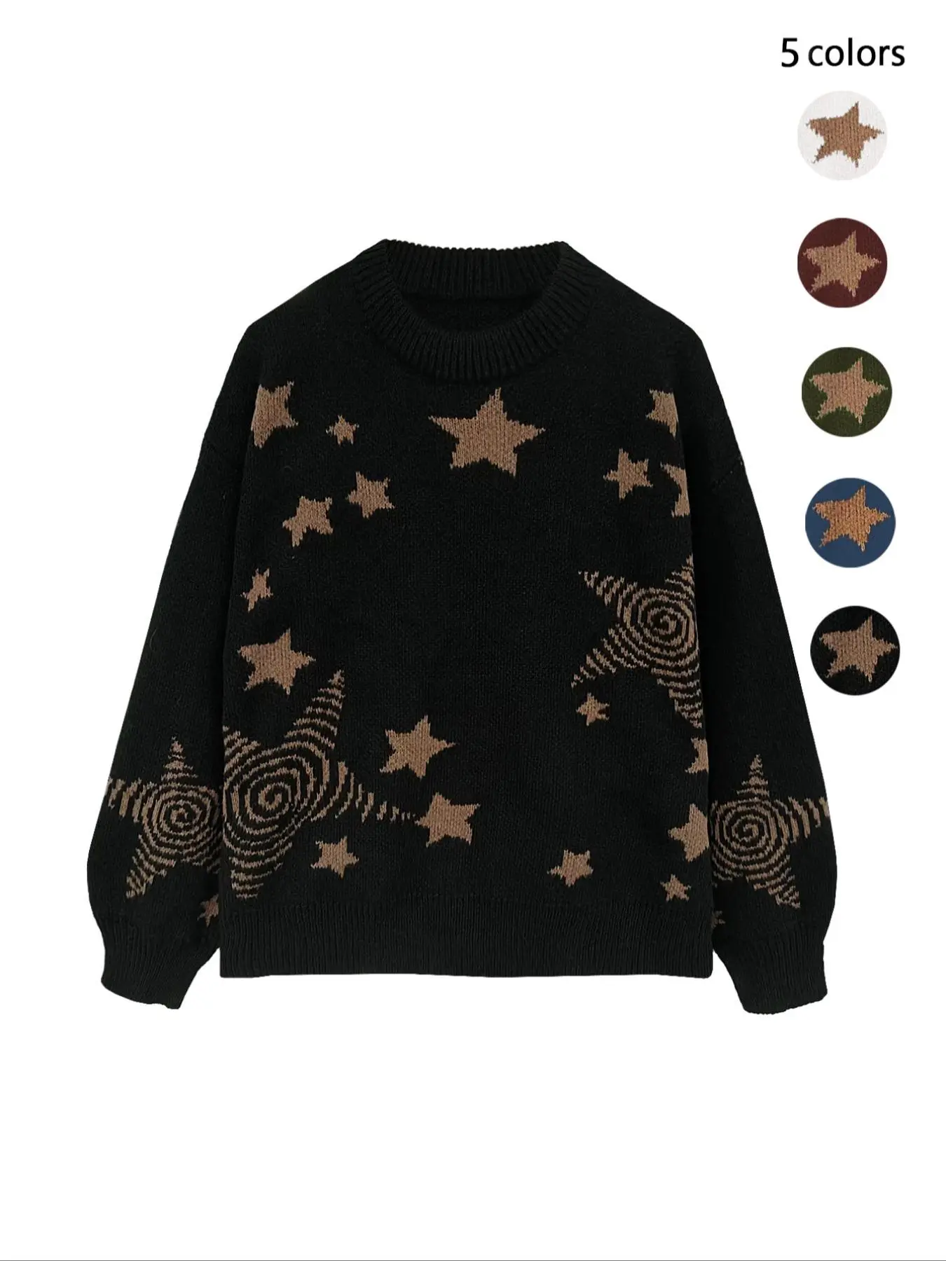 Women's Star Print Drop Shoulder Sweater, Fashion Casual Long Sleeve Round Neck Jumper for Fall & Winter, Ladies' Knitwear for Daily Wear
