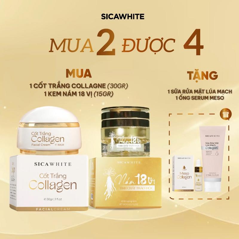 [ MUA 2 NHẬN 4 ] Kem Cốt Trắng Collagen ( 30gr ) + Kem Nám 18 Vị ( 15gr ) Tặng serum Meso Collagen ( 5ml ) + Sữa Rửa Mặt Lúa Mạch ( 70ml )