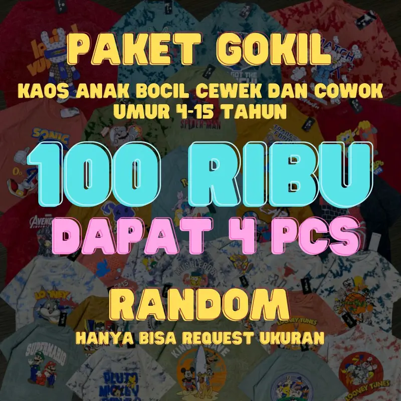 PAKET GOKIL 100 RB DAPAT 4 PCS KAOS BOCIL COWOK DAN CEWEK 4-15 TAHUN, Baju Washed Anak Laki Laki Dan Perempuan , Kaos Washed anak laki laki dan perempuan umur 4-15 tahun 0