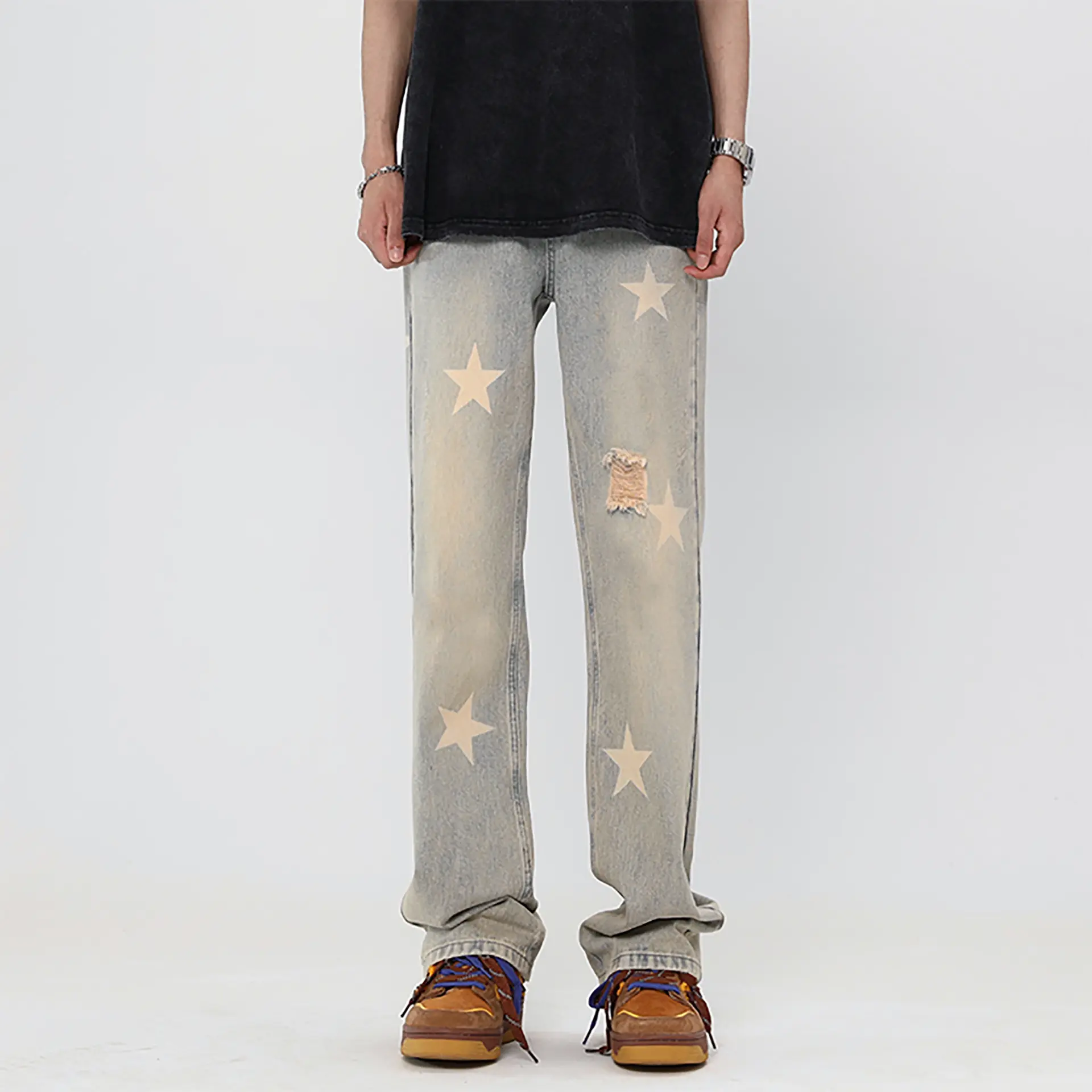 CAROLLA Quần Jean Nam, Form Suông ống đứng, ống suông rộng Hình ngôi sao Menswear Nam Ong Pants