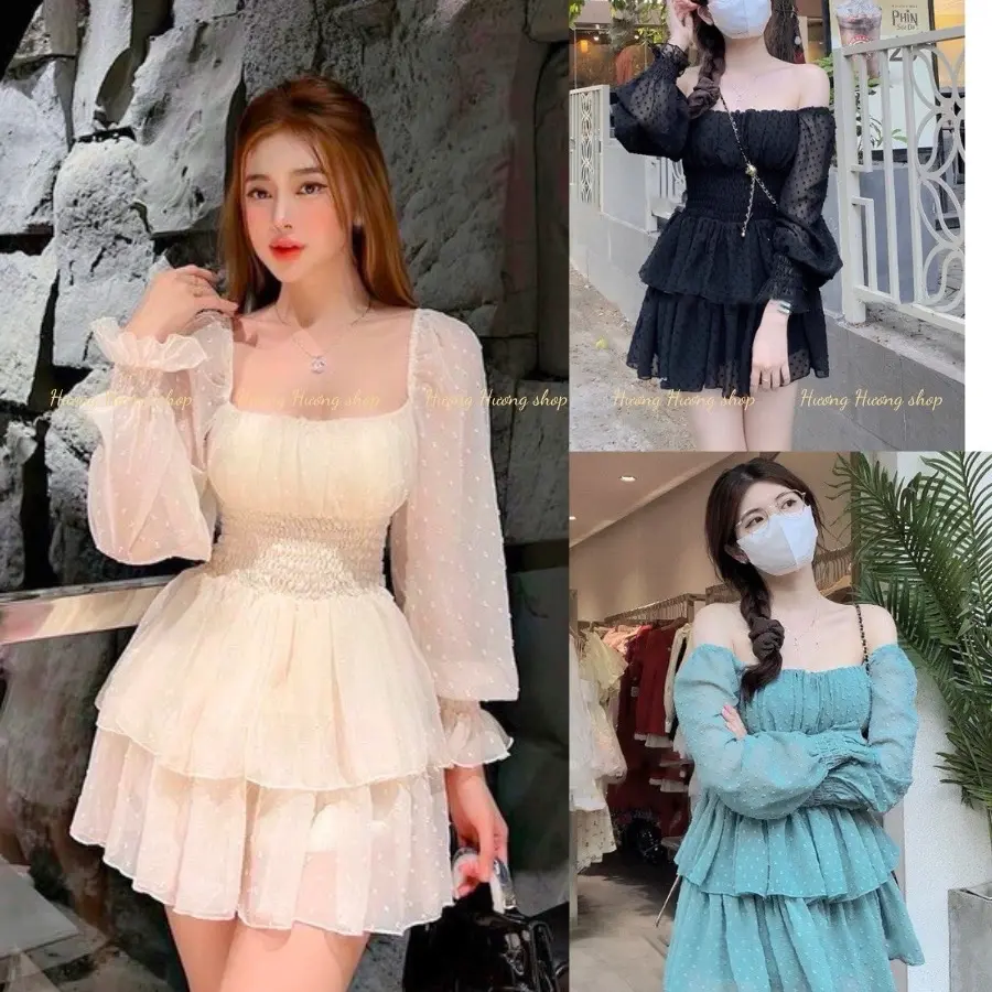Đầm Xòe 2 Tầng Tay Phồng Phối Lưới Chấm Bị Quý Phái, Đầm Công Chúa Dáng Xòe, Váy Cúp Ngực Xoè 2 Tầng Tay Dài Xinh Xắn Tôn Dáng