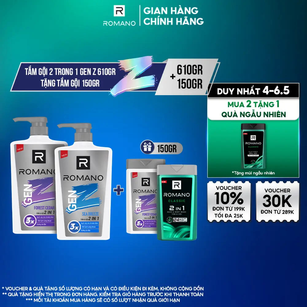 [MUA 1 ĐƯỢC 2] Tắm Gội Dưỡng Da Body cho nam Romano 2 trong 1 Gen Z Hương Forest Cedar/ Sea Breeze 610g + Tặng kèm Tắm gội 150G (ngẫu nhiên)