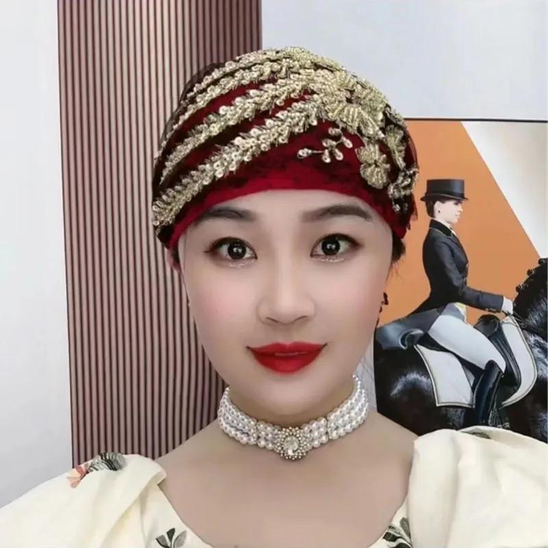 Glitter Diamonds Embroidery Lace Turban Hats for Women Muslim Headscarf Head Wraps Caps Female Daily Beanie Hair Cover Cap 6