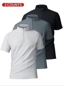 Men's Solid Half Zip Mock Neck Tee, Quick Drying Breathable T-shirt, Casual Comfy Short Sleeve Top for Gym Workout Running, Menswear for All Seasons