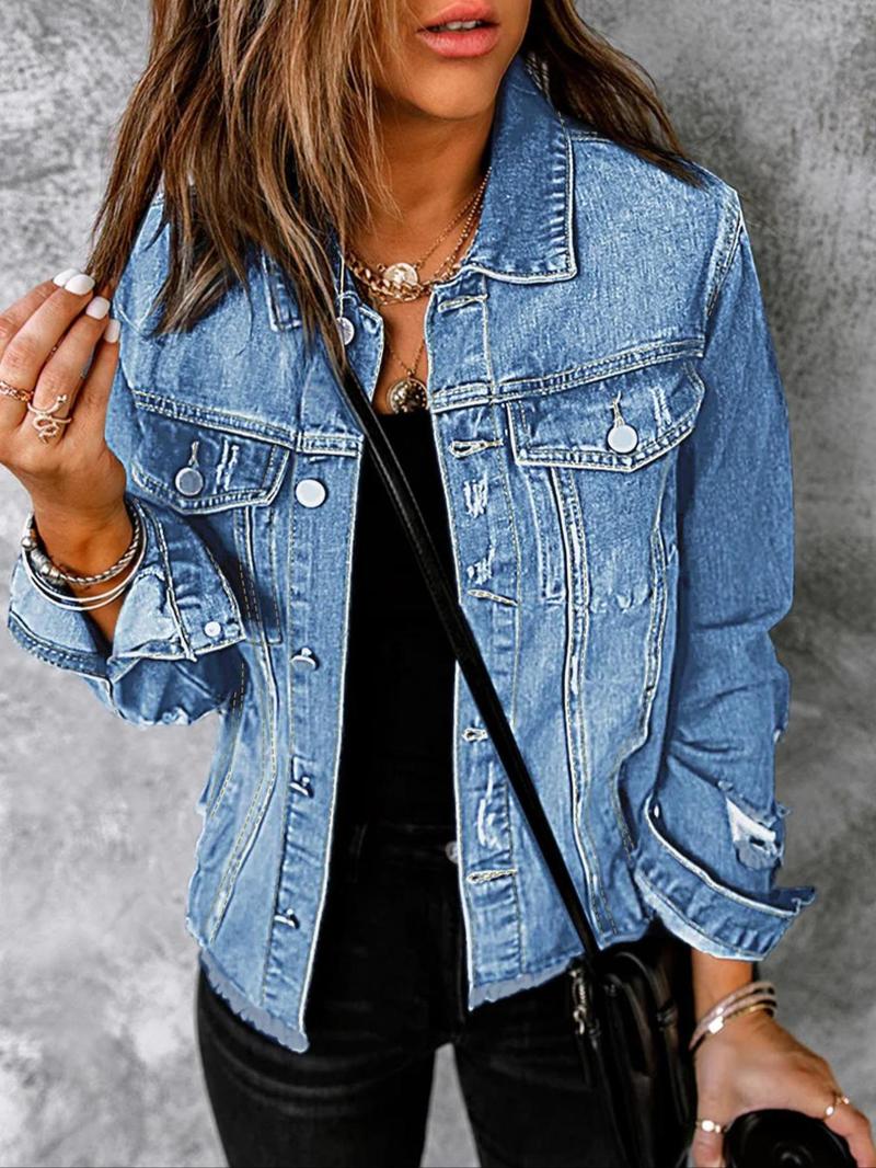 Product Introduction of Women's Plain Ripped Button Front Denim Jacket, Casual Long Sleeve Collared Raw Hem Jacket for Daily Wear, Ladies Clothes for All Seasons 1