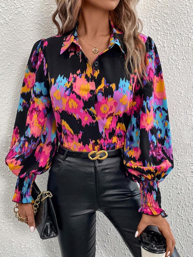 Product Introduction of Women's Tie Dye Print Frill Trim Shirred Button Front Shirt, Casual Lantern Sleeve Top for Spring & Fall, Ladies Clothes for Daily Wear 3