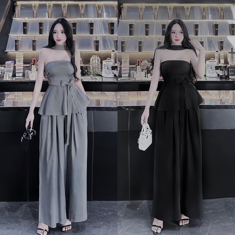 Set đồ nữ áo cúp ngực thiết kế dây thoắt nơ Có Mút kèm quần dài ống rộng sang chảnh dành cho các nàng diện đi chơi Women Top