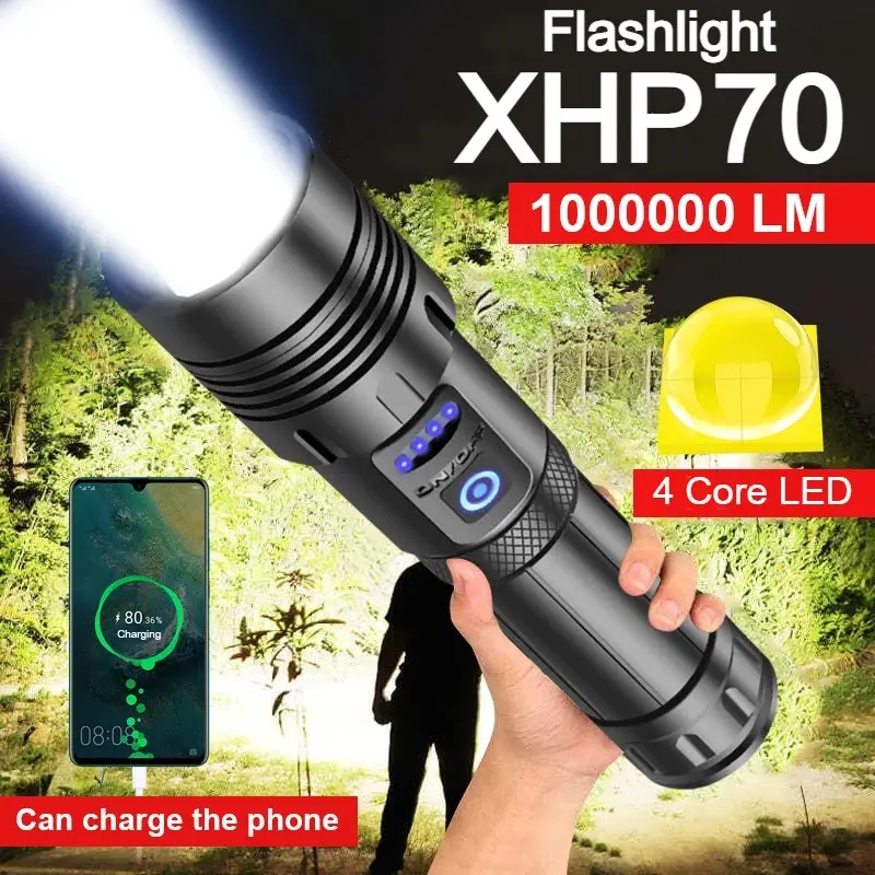 Senter SWAT LED / Senter LED XHP-70 Super Terang/ Senter Cas USB Portable 7 Mode Cahaya Luar Ruangan