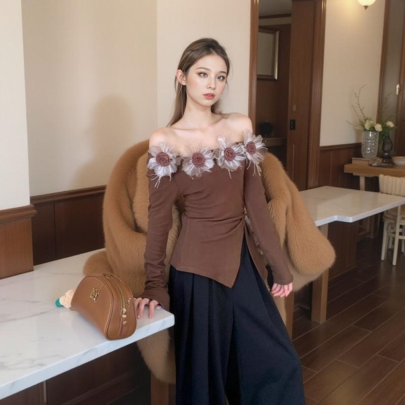 Product Introduction of Áo Thun Dài Tay, Phong Cách Hàn Quốc, Thiết Kế Hoa Nhẹ Nhàng Dành Cho Nữ, Hàng Mới Về Đầu Mùa Thu, Tay Áo Dài, Buộc Dây Bất Đối Xứng Vai Nghiêng, Áo Sơ Mi Lớp Nền, Áo Đẹp 19