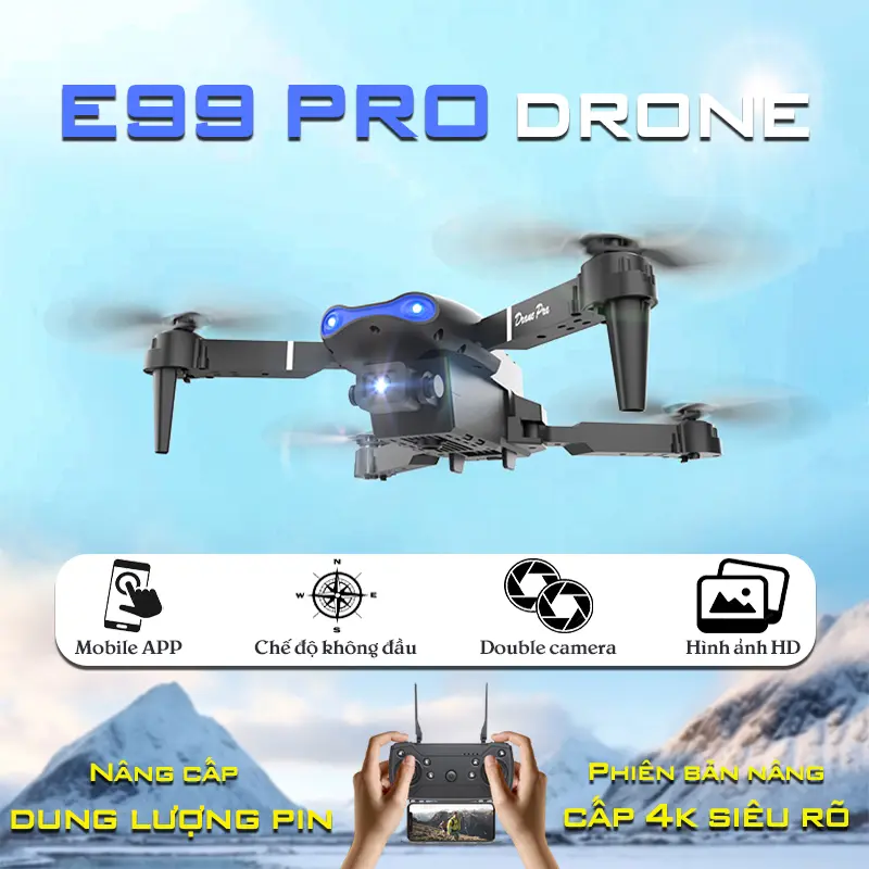 Máy bay flycam mini E99 Pro 4K - Drone Camera 4K wifi kết nối  Cuộn 360°  Chụp ảnh bằng cử chỉ  di chuột ở độ cao cố định hoàng  tô