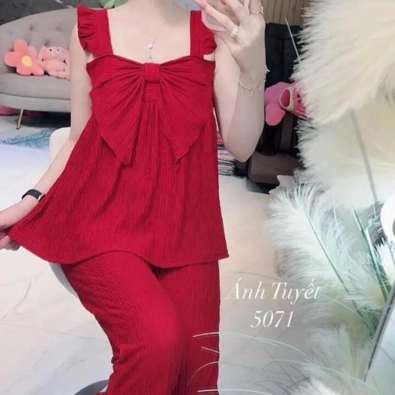 Đồ Bộ Lửng Có Túi Nơ To Vải Thun Xốp Nhật Co Dãn Form 40-70kg Women Nữ set do có thể giặt máy dobo nguoi giặt bằng nước lạnh _ lanh chân áo trễ sét inhoa choba bay Nhung Kem Top Voi bo