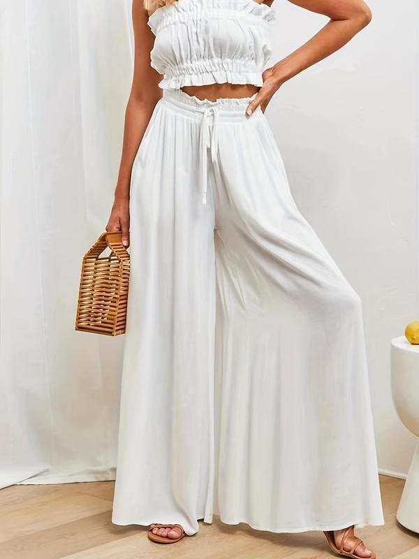 Women's Plain Pocket Drawstring Paper Bag Waist Wide Leg Pants, Casual High Waist Trousers for Fall, Back To School Pants for Women, Women's Bottoms for Daily Wear, Fall Outfits, Fallfreshness, Womenswear 4