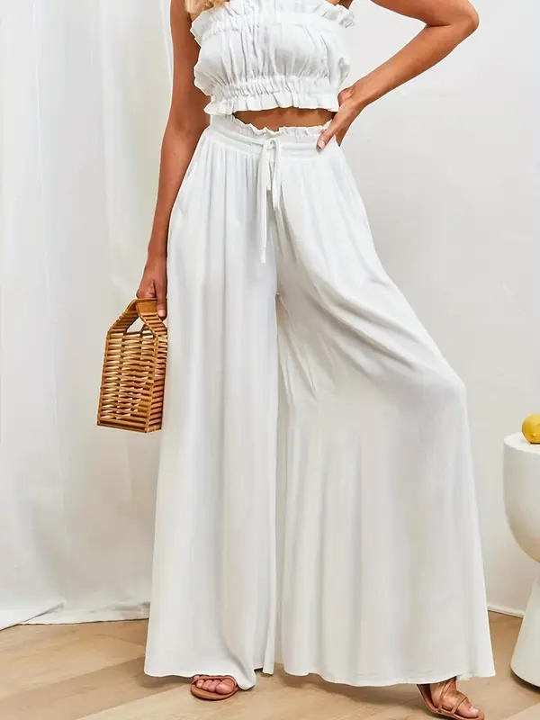 Women's Plain Pocket Drawstring Paper Bag Waist Wide Leg Pants, Loose Casual High Waist Trousers for Fall, Back To School Pants for Women, Women's Bottoms for Daily Wear, Womenswear 4