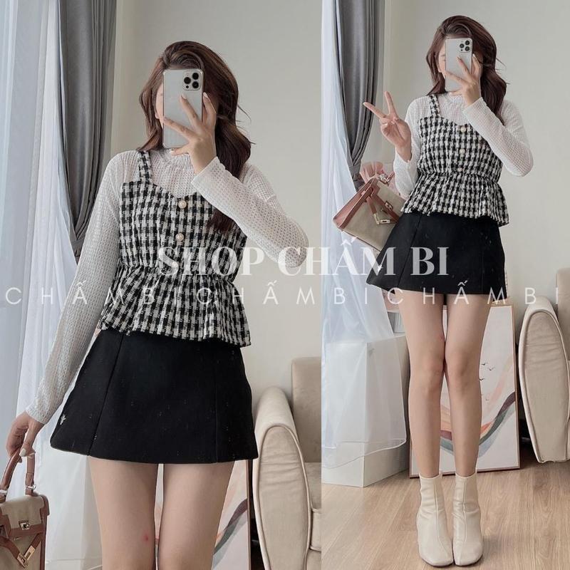 Áo babydoll nữ A.400, Áo sơ mi cổ trụ chun dài tay kèm yếm 2 dây bo chun xoè dạ kẻ caro liền cực xinh - Shop Chấm Bi