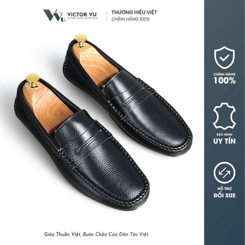 Giày Công Sở Nam Victor Vu - Giày Lười Da Bò Cao Cấp, Màu Nâu/Đen, Thiết Kế Đơn Giản, Đế Cao Su Shoes Nhung Đồng