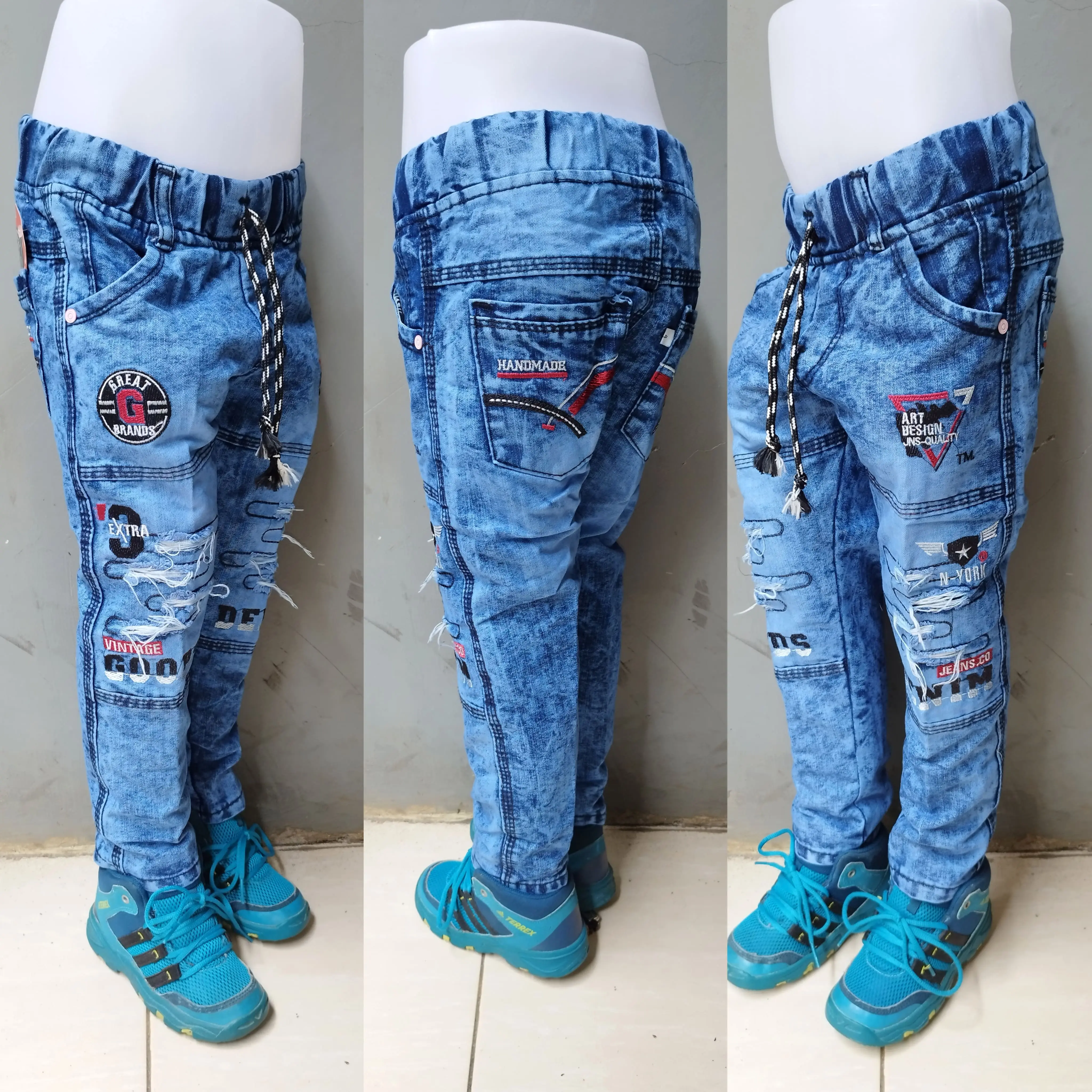 Celana jeans panjang anak laki2 usia 1-12 tahun motif bordir anak cowok keren dan modis denim