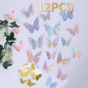 12 Pcs / Set Stiker Dinding Kupu-kupu Berongga Stiker Laser 3D Stiker Kupu-kupu Berongga Kertas Berongga Dekorasi DIY Dekorasi Pesta Ulang Tahun Dekorasi Dekorasi Pernikahan Stiker Hiasan