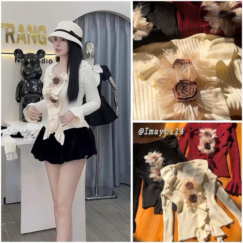 ÁO LEN MỊN HOA ĐÍNH RỜI VIỀN CỔ V TUA BÈO CỔ TAY LOE HÀNG QC ẢNH CUỐI NHÀ IMAYBI.14 @Imaybi14.Clothing Women Nữ Nhung Top Kem Sen Nho Lịch