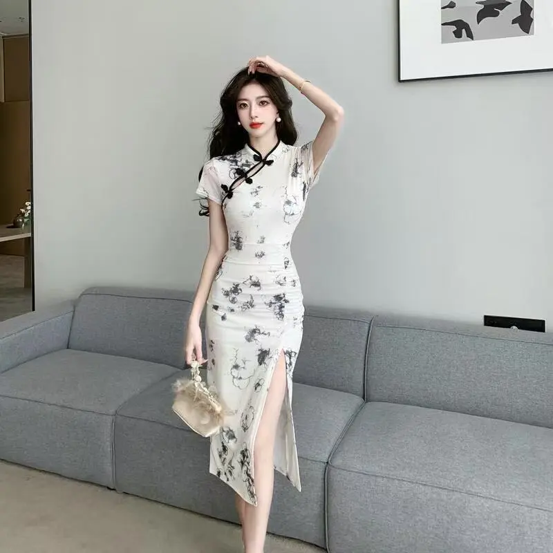 Váy Sườn Xám, Phong Cách Cổ Điển Trung Quốc Dài Trung Bình Kỹ Thuật Viên Thanh Lịch, Kiểm Soát Eo, Mỏng Vừa Vặn, Thiết Kế Xếp Ly Cao Cấp, Váy Cô Gái Hông