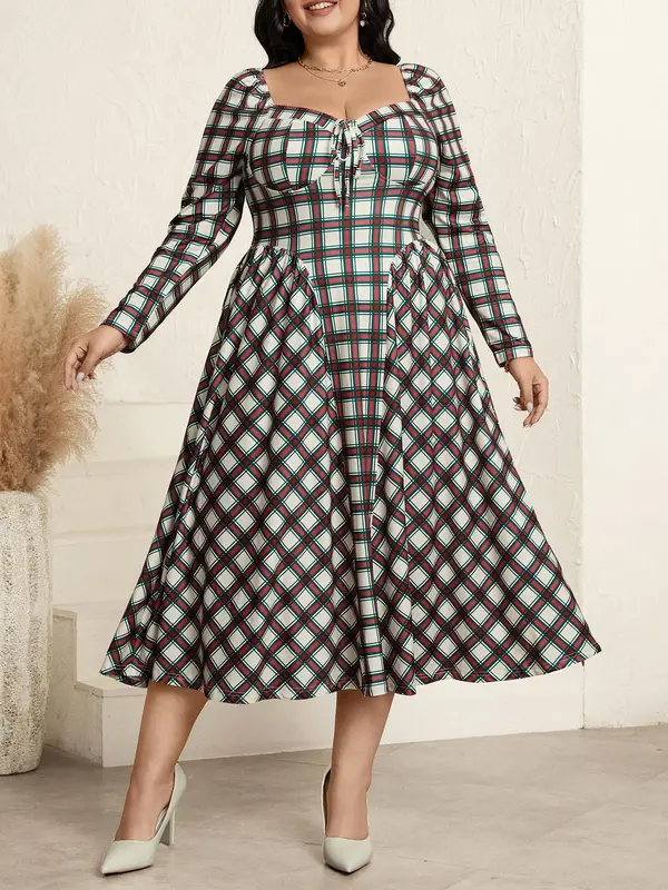 CURVZY Plus Size Plaid Print Tie Front Backless A Line Dress, Elegant Sweetheart Neck Long Sleeve Dress for Party Holiday Wedding Guest, Women's Clothes for Spring & Fall 4