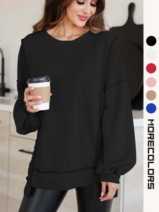 Women's Plain Drop Shoulder High Low Hem Sweatshirt, Casual Long Sleeve Round Neck Pullover for Fall & Winter, Ladies Clothes for Daily Wear