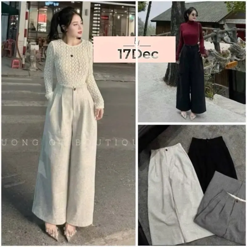 [17DC]Quần dạ nữ dày dặn cạp khóa cao cấp , Quần dạ ống rộng suông phối ly Ong