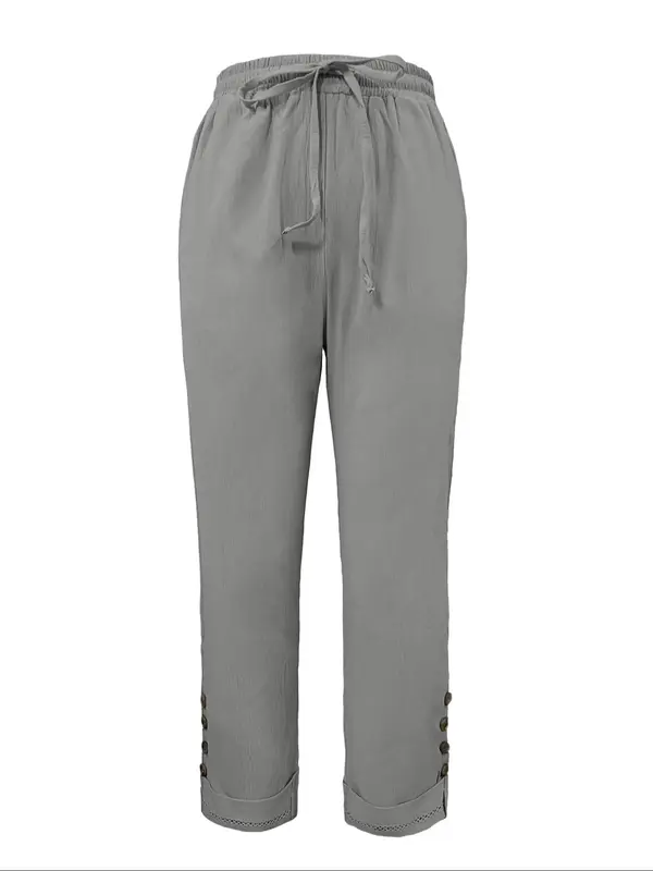 【Plus Size】 Solid Color Button Decor Pants, Casual Comfy Trousers for Daily Wear, Women's Bottoms for Summer 1