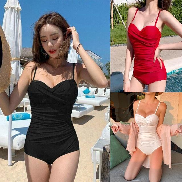 Đồ bơi nữ liền thân bikini 1 mảnh 2 dây áo tắm nữ đi biển có gọng nâng V1 màu trắng đen đỏ