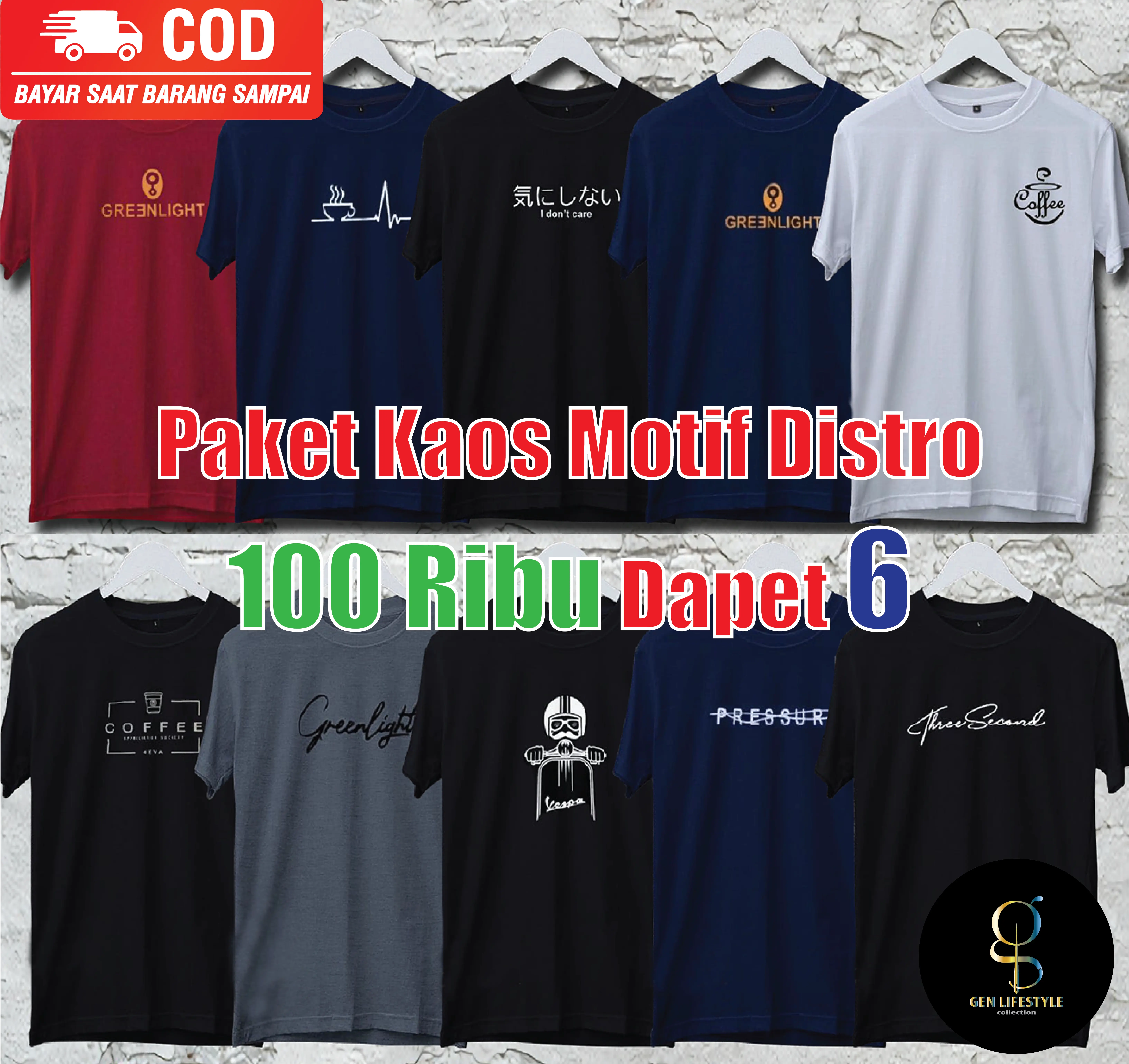 Paket Kaos Oblong Motif Distro Pria Wanita Dapat 6 Kaos