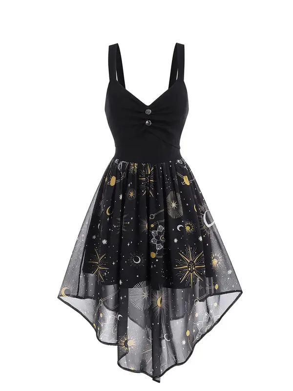 Women's Star & Moon Print Cami Dress, Retro Elegant Sleeveless A-line Dress for Party Holiday Vacation, Ladies Summer Clothes, Womenswear 0