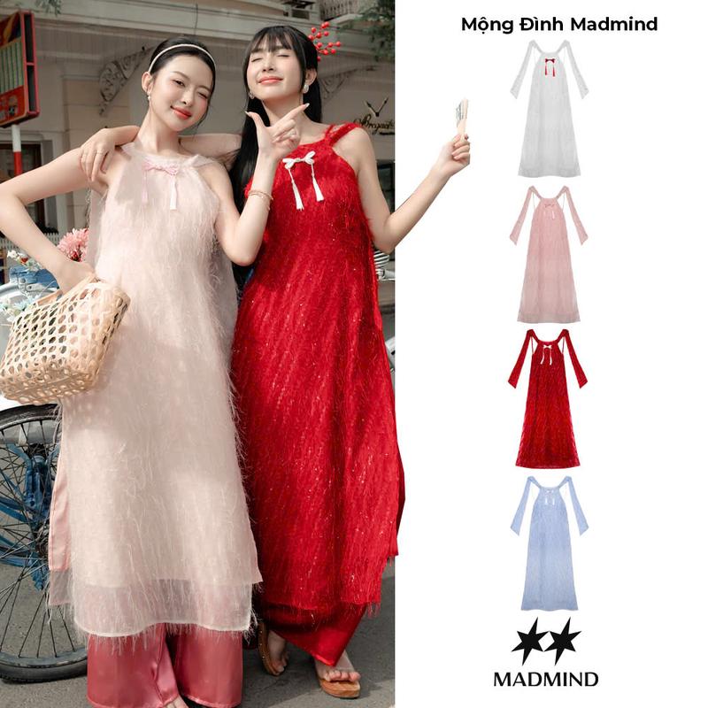    KHÔNG KÈM QUẦN   Áo Dài Mộng Đình Cách Tân Nữ Hiện Đại Họa Tiết Phối Nơ MADMIND - Màu Đỏ   Trắng   Hồng   Xanh Biển - TẾT 