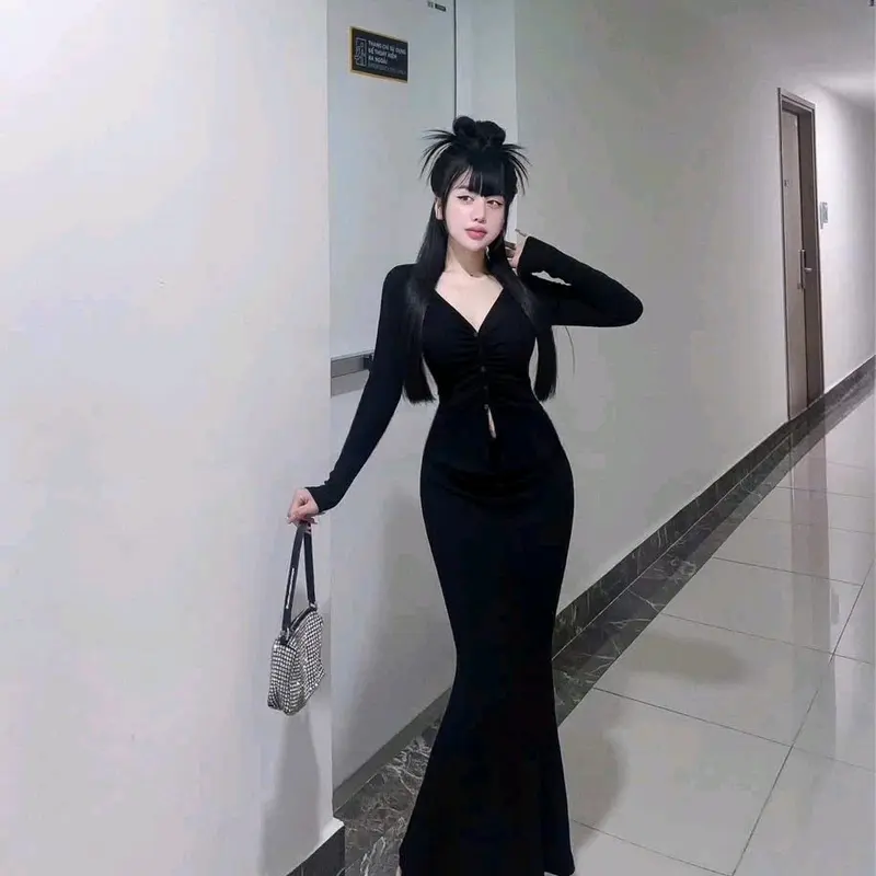 Sét áo tay dài cổ tim nhún đính nút phối chân váy đuôi cá dài thanh lịch  _ Chất thun tăm lạnh dày dặn BL031 tiệc 3
