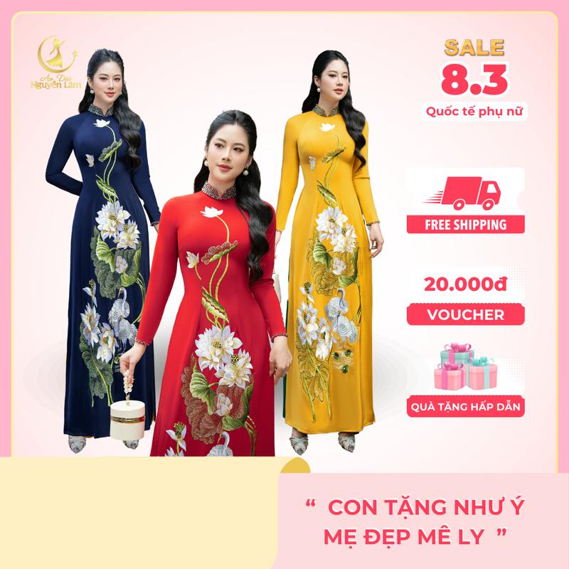 ÁO DÀI BÁCH LIÊN HẠC - Áo Dài Mẹ Sui Thiết Kế Cao Cấp Lụa Ánh Kim Sang Trọng, Họa Tiết Thêu Lắc Tay Sắc Nét, Cổ Và Tay Kết Đá Pha Lê , Tà Rộng, Cổ Cao Tay Dài, Nữ Quý Phái Kiêu Sa [CO GIÃN TỐT, KHÔNG NHĂN, ẢNH THẬT] Dress Sen  Hoa Sen