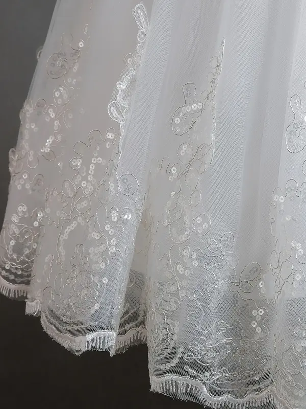 Girl's Contrast Lace Appliques Pearls High Low Hem Tulle Dress, Elegant Formal Sleeveless Zipper Back Fit & Flare Dress for Party Performance Wedding Guest, Kids Tutu Clothes for All Seasons, Tulle Overlay Dress 5