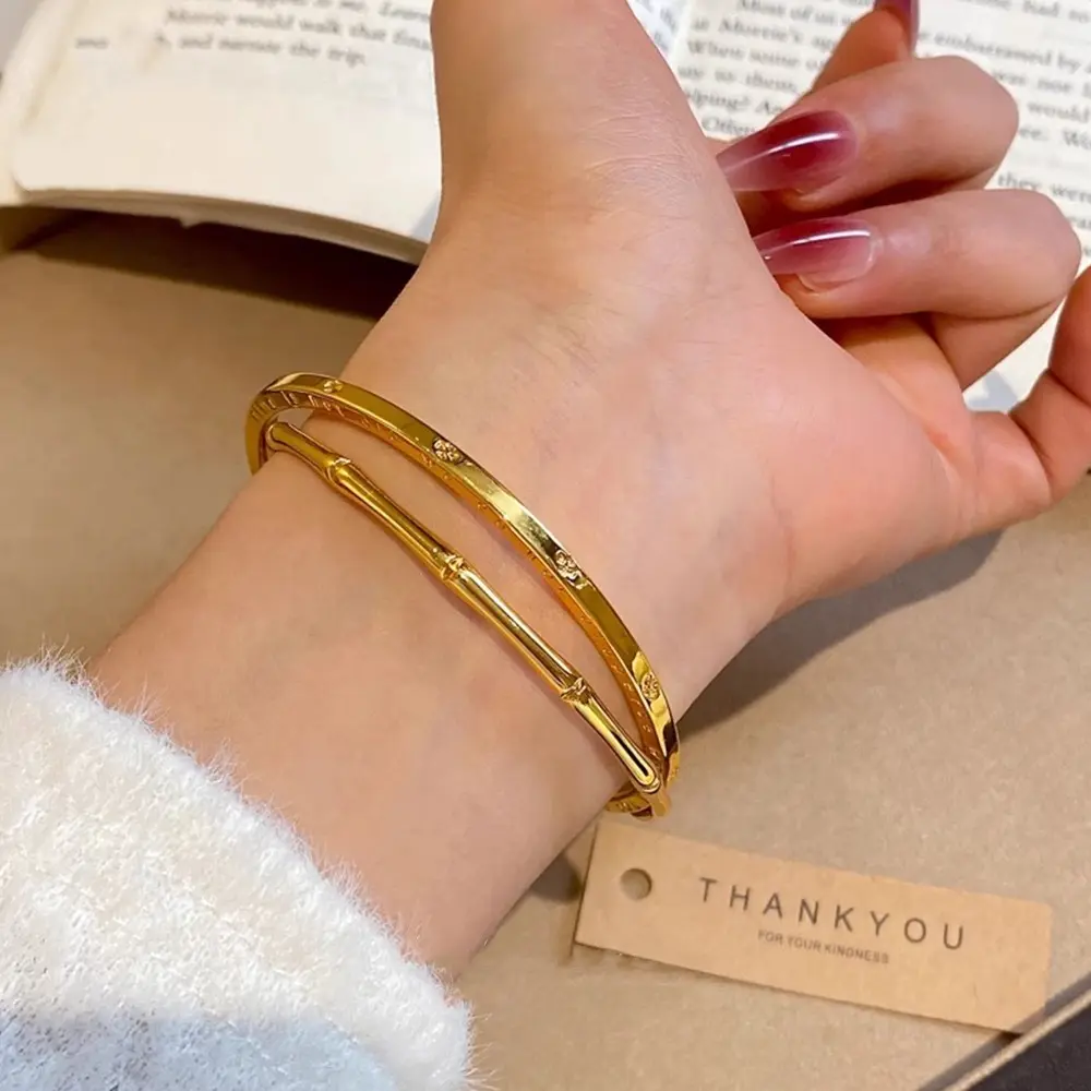 Gold-Plated Bamboo Knot Double Ring Bracelet for Women, Gold Color, Successive Promotion Bracelet stack