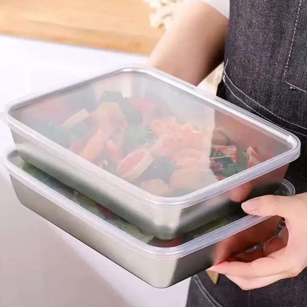 Stainless Steel Thickened Square Plate Tray With Lid Cover Food Storage Container Japanese D4M1 L0T4