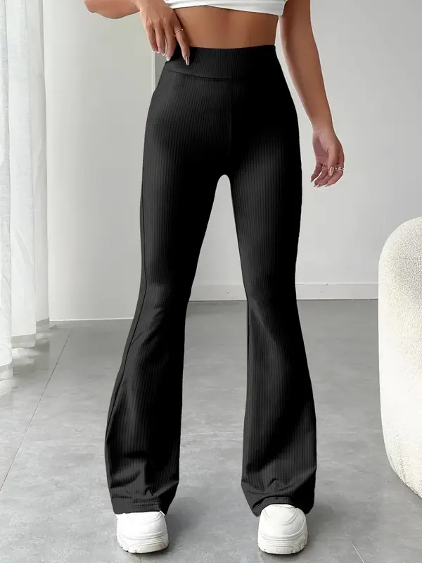 Women's Solid Ribbed Flare Leg Sports Pants, Casual Comfy High Waist Bell Bottom Trousers for Daily Wear, Ladies Bottoms Clothing for All Seasons 1